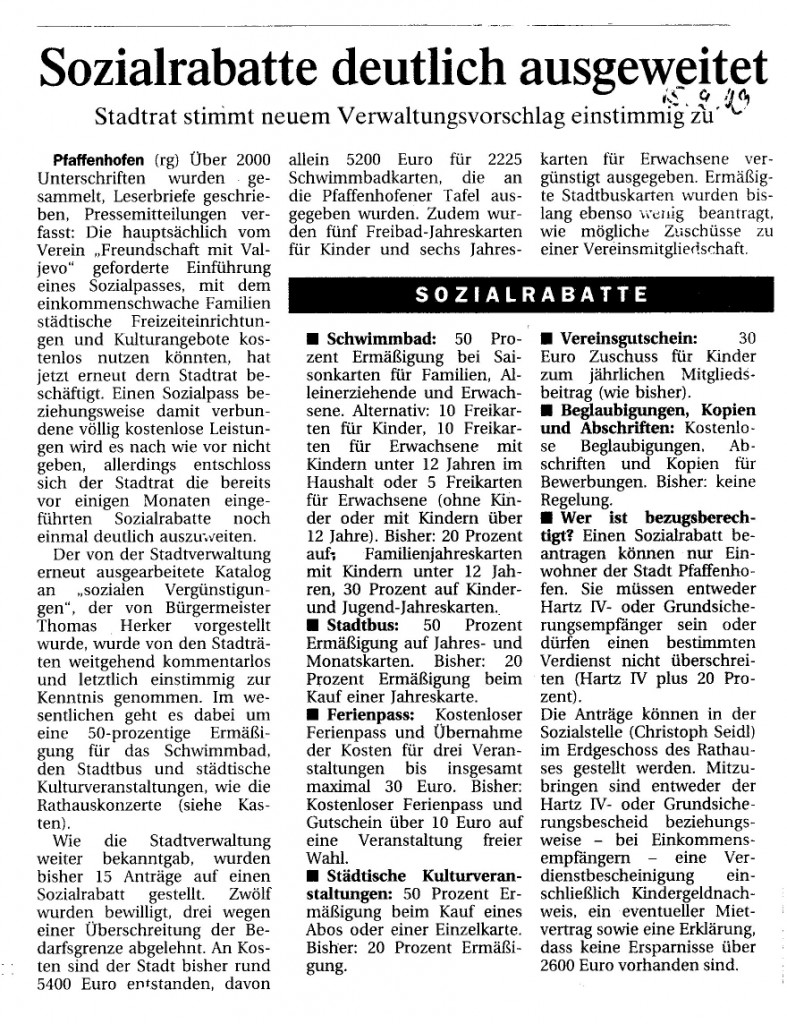 Sozialrabatte deutlich ausgeweitet. Ein Bericht aus dem "Pfaffenhofener Kurier" vom 15.09.2009